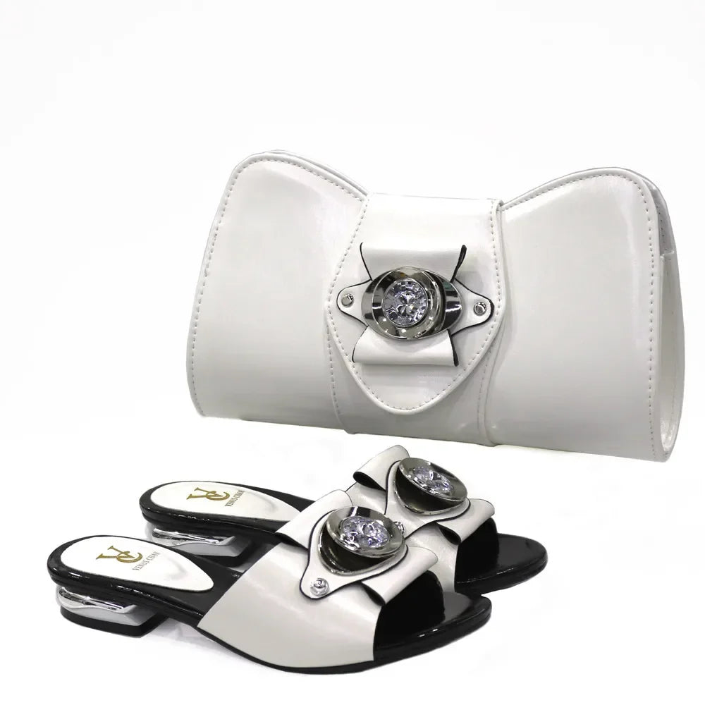 2024 Latest Italian Design Fashion African Women's Low Heel Comfortable Shoes and Bags Set Leather Casual Ladies Slippers