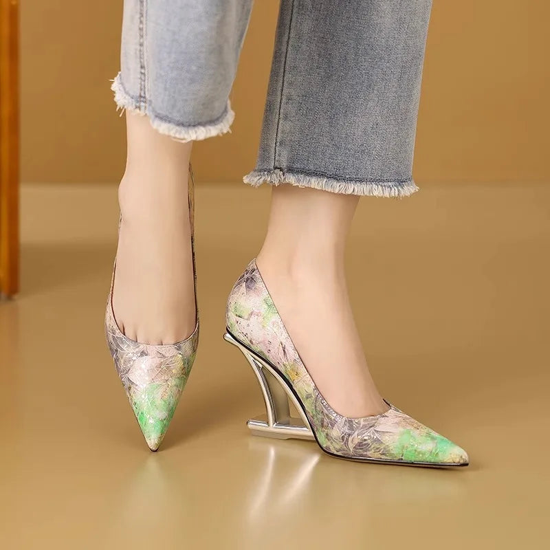 Spring Pumps Women Shoes Flower Totem Slip-On Shallow Shoes Wedding Party Pointed Toe High Heels Pump Femme Special-shaped Heel
