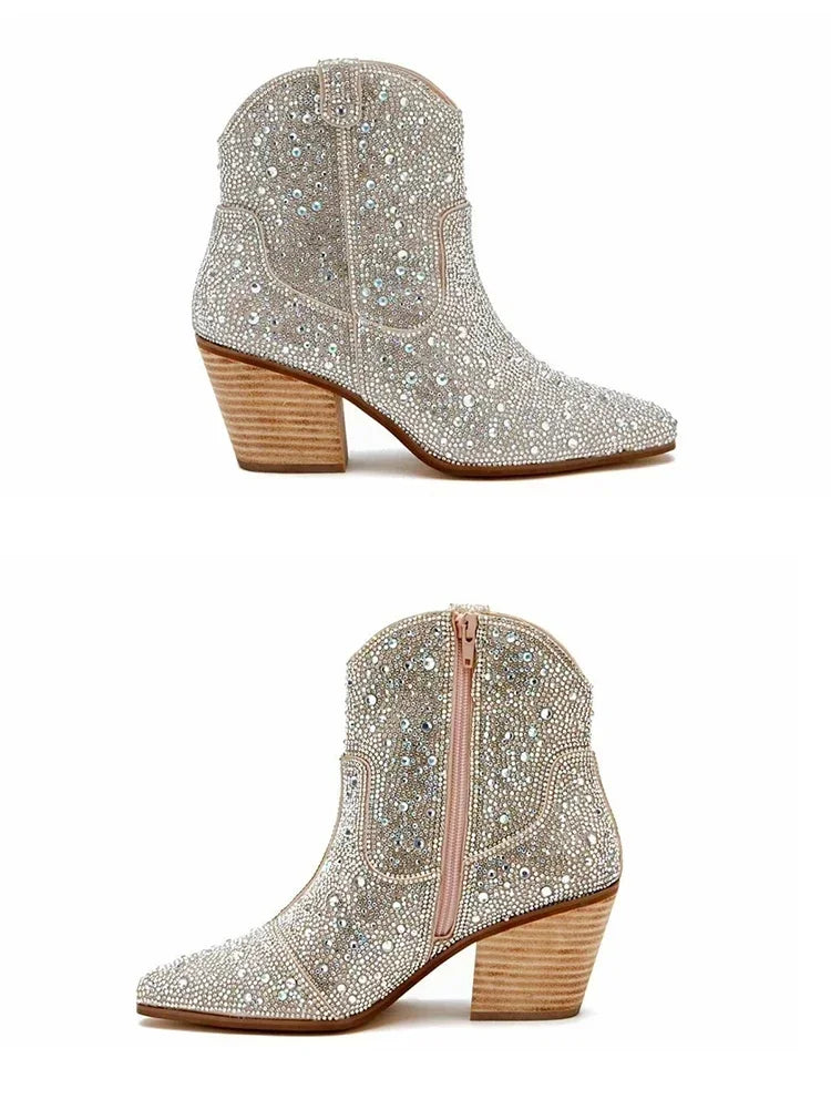 Western Cowboy Boots Fashion Women Ankle Boots Glitter Bling Shiny Trend High Heels High Quality Sexy Shoes Botas De Mujer 2024