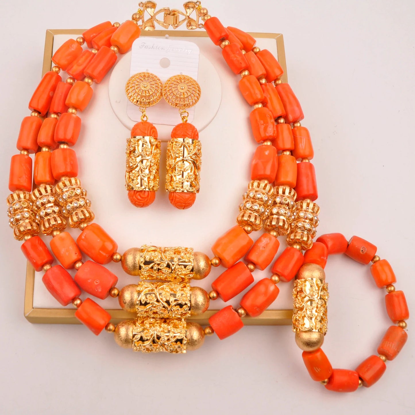 Natural coral beads orange necklace set for stylish Nigerian wedding couple African jewelry