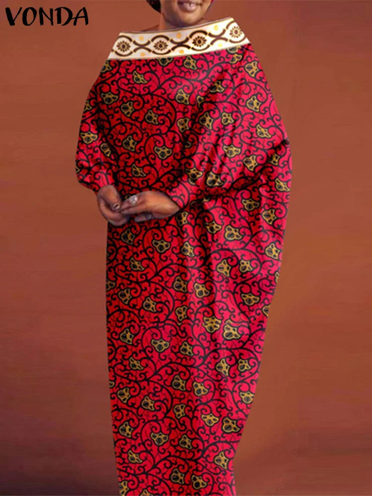Women's Bohemian Printing Maxi Dress Long Bat-wing Sleeve Elegant Casual Round Neck
