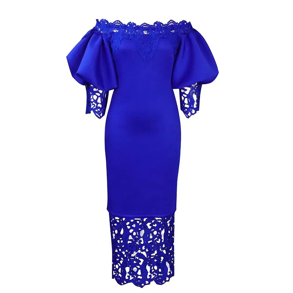 Trend Fashion Lace Midi Dress Women Slash Collar Short Sleeve Stitching Off-Neck Dress High Waist Solid Color Bodycon Sexy Dress
