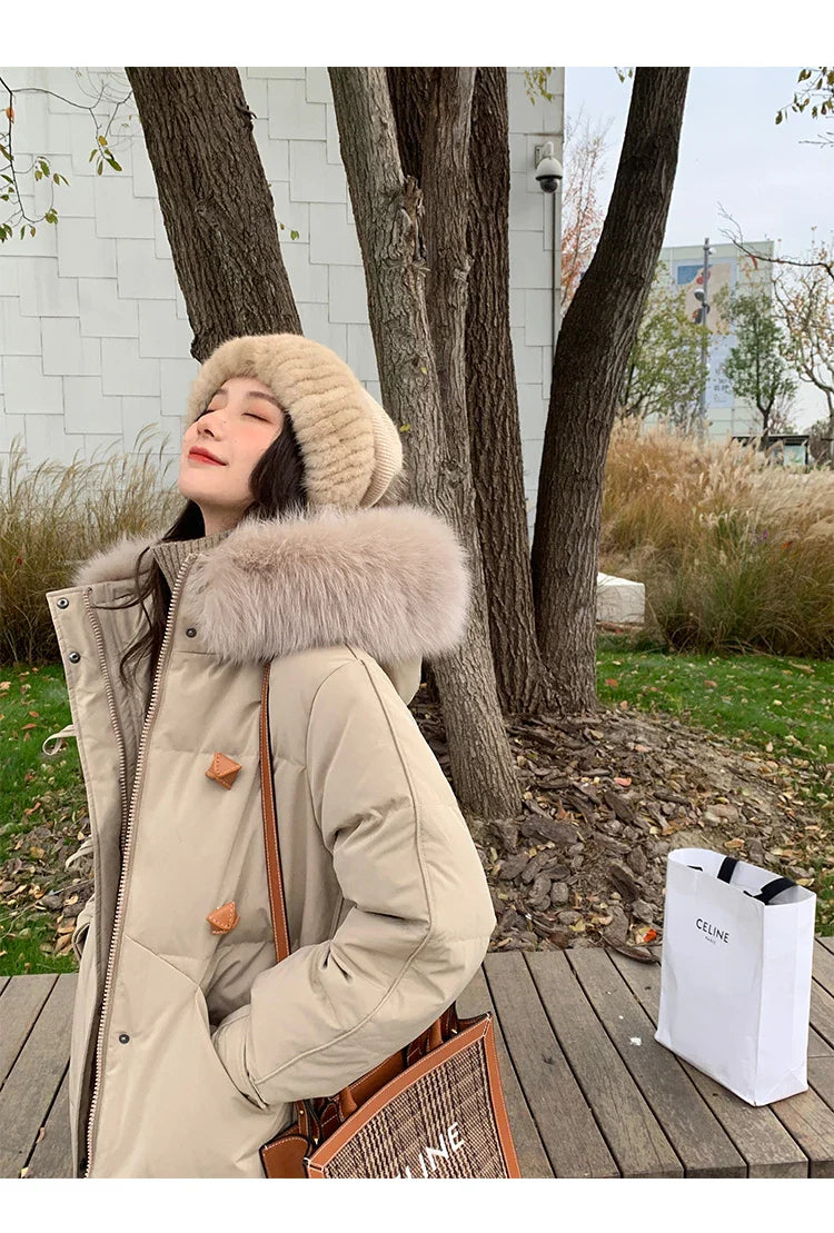 Women's Large Fur Collar Hooded Warm Thick Padded Parka Jacket