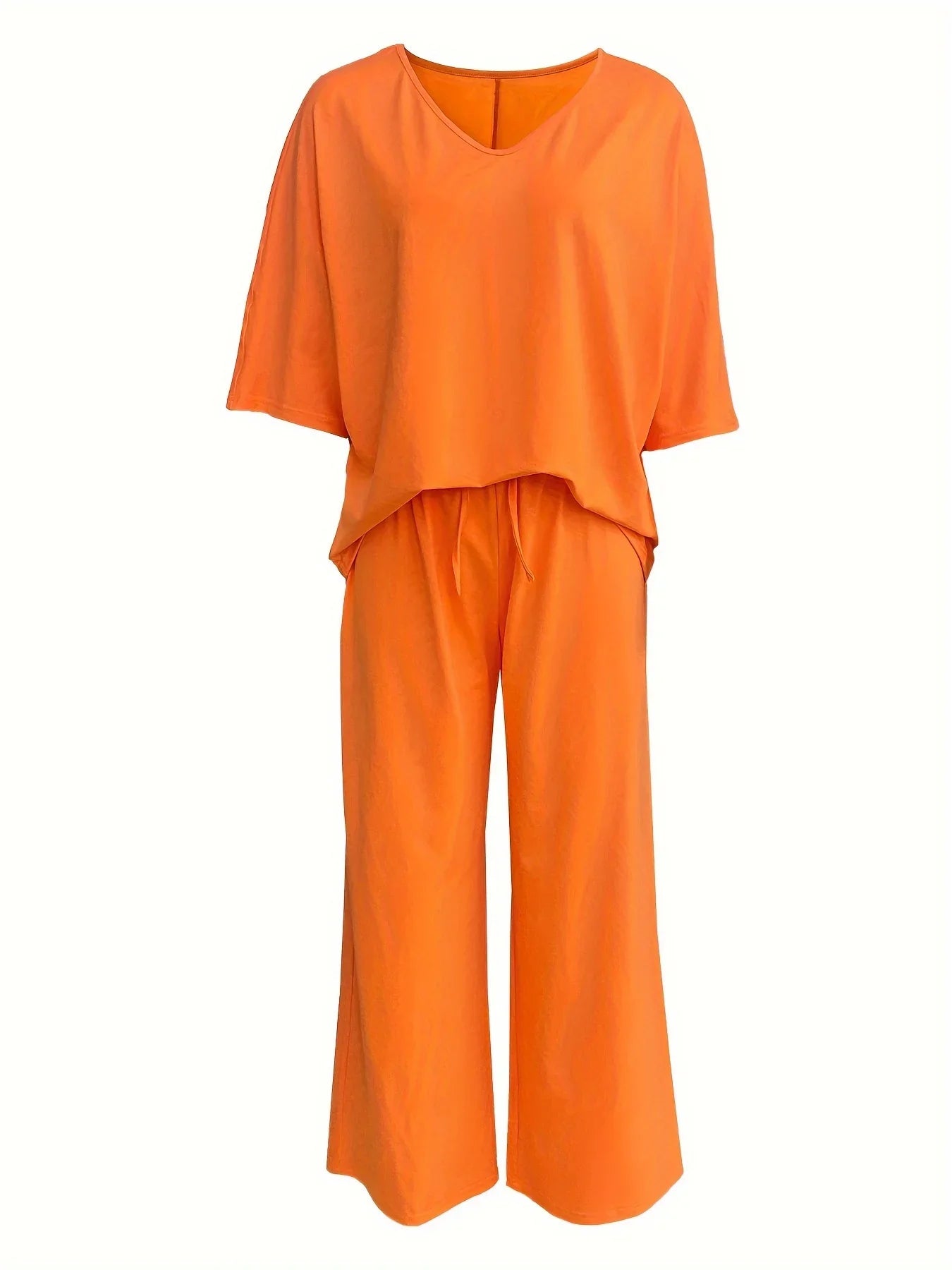 Cross border Europe and America 2025V collar bat sleeve casual loose wide leg pants set for women