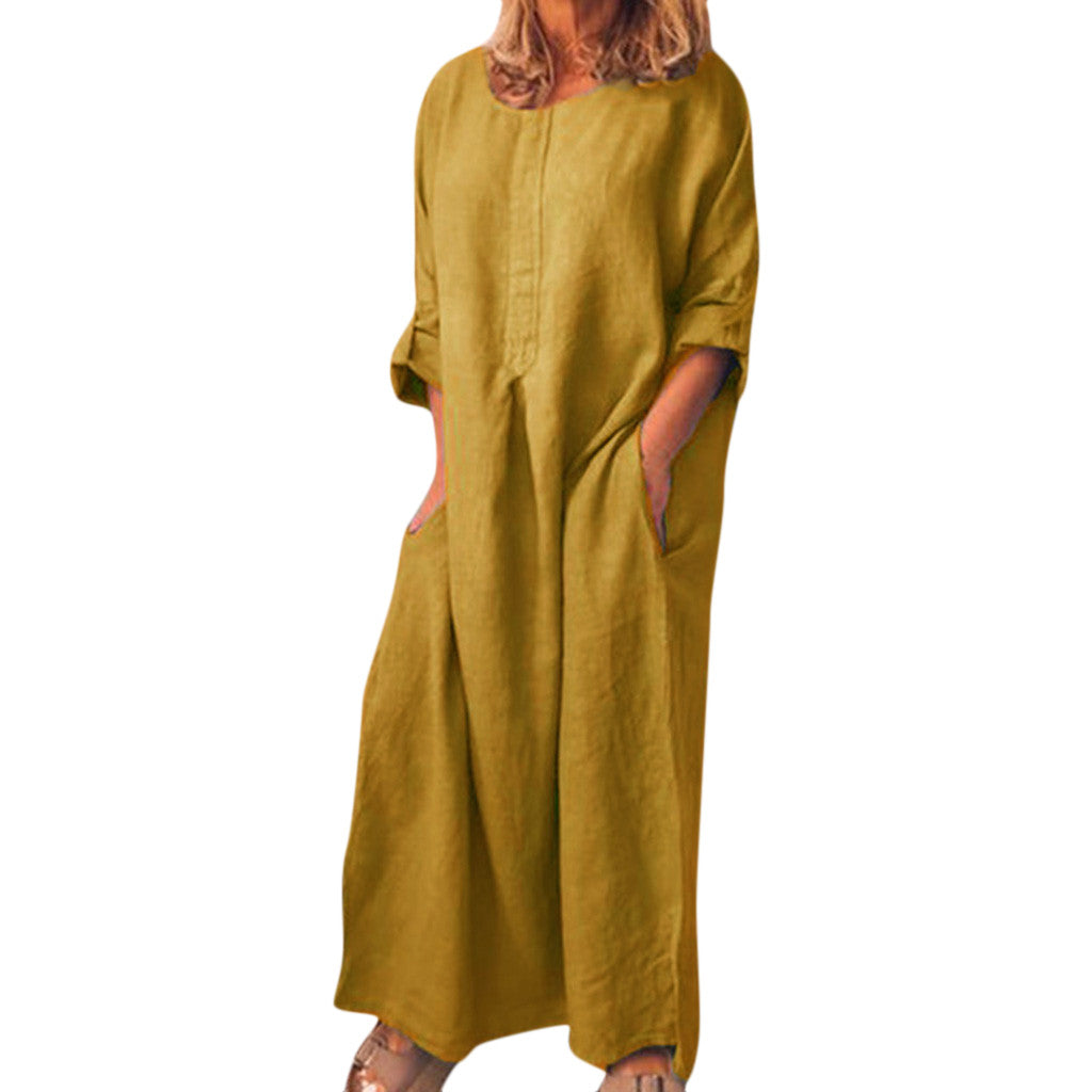 Holiday Dresses For Women 2023 Plus Size Long Sleeve Solid O-neck Summer Maxi Dress With Pockets V Neck Dresses Платье Женское