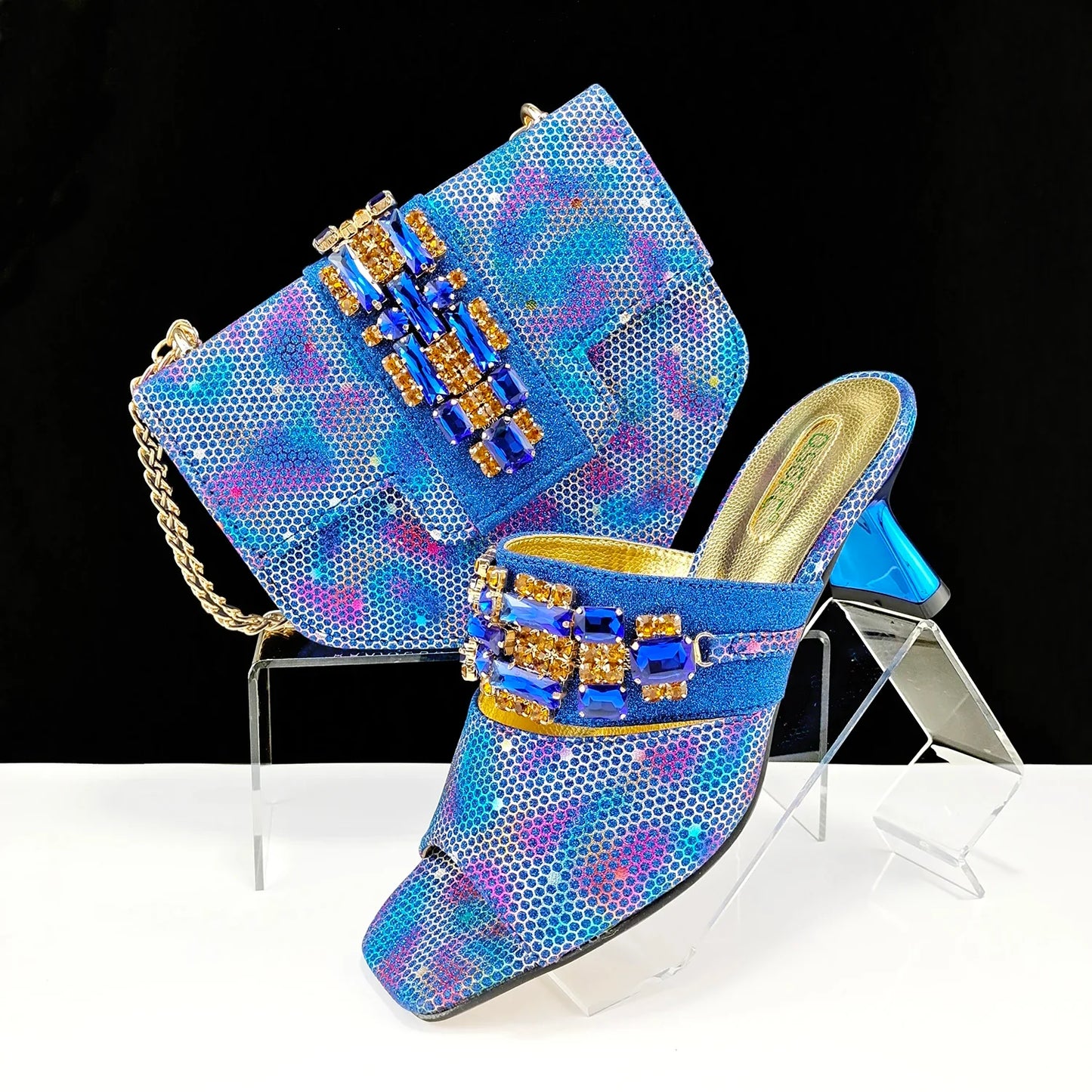 Italian Fashionable Square toe Women Heels Rhinestone Decoration Shoe and Bag set