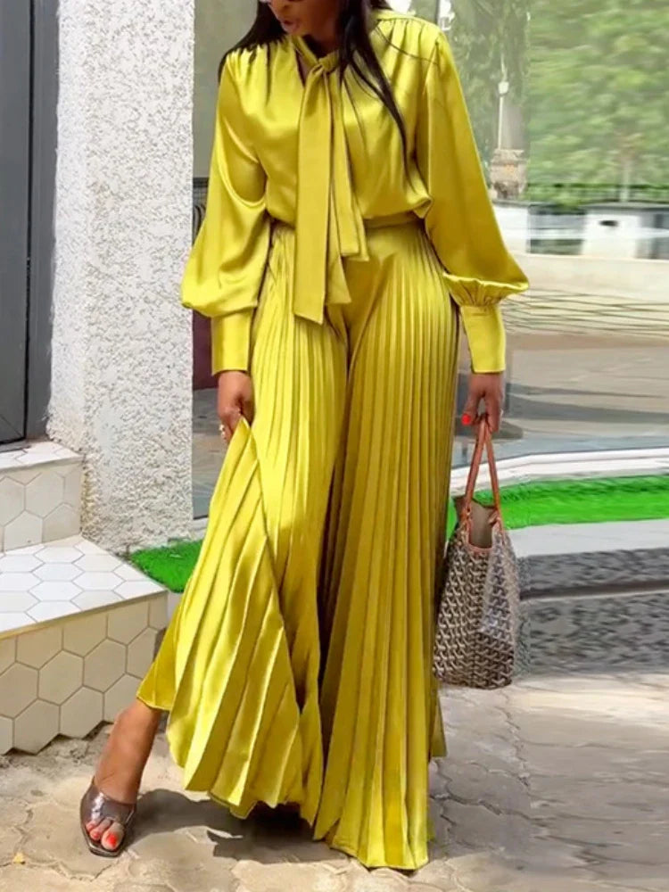 Two Piece Sets Women Outfits V Neck Lace Up Long Lantern Sleeve Tops Wide Leg Pleated Trousers Streetwear Party Causal Pant Sets