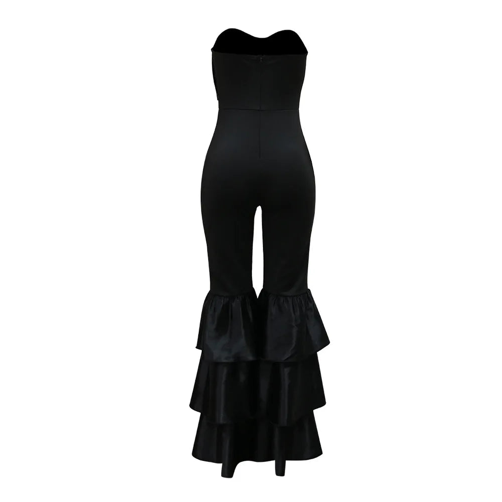 Jumpsuits Strapless Women Sleeveless Sexy Rompers One Piece Overalls Slim Fit Long Pant Ruffles Patchwork Elegant Lady