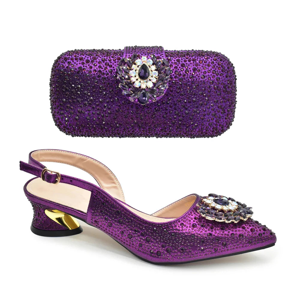 New Italian Shoe and Bag 2024 High Quality Luxury Full Diamond Italian Shoes and Bags Matching Set Decorated with Rhinestone