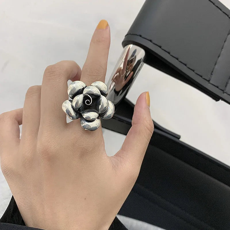 925 Sterling Silver Engagement Rings New Fashion Creative Exaggeration Flower Vintage Punk Party Jewelry Gifts for Women