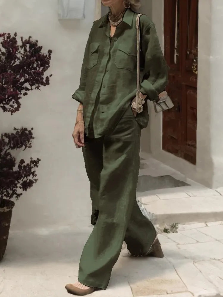 Women Elegant Lapel Neck Long Sleeve Shirt Pants Sets 2PCS Fashion Autumn Outifits Solid Work Trousers Suits Tracksuit