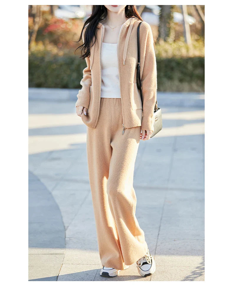 100% Merino wool fall/winter new women's sweater crewneck hooded Cardigan Fashion all-in-one warm pants suit