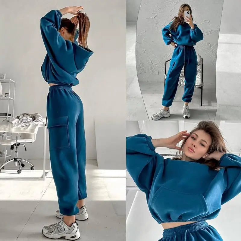 Hoodies Suit Winter Autumn Solid Casual Tracksuit Women Fleece 2 Pieces Set Sports Sweatshirts Pullover Jogger Sweatpants Outfit