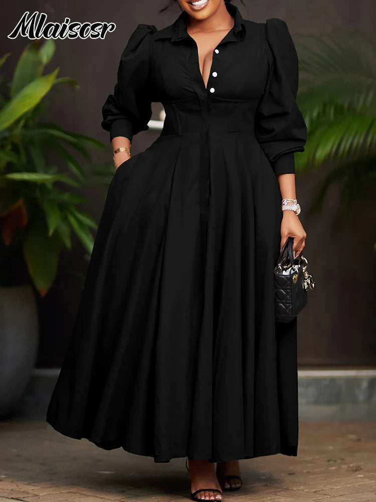 Mlaiscsr Spring Long Sleeve A-Line Shirt Dresses Elegant African for Women White Casual Lapel Evening Party Holiday Vistidos