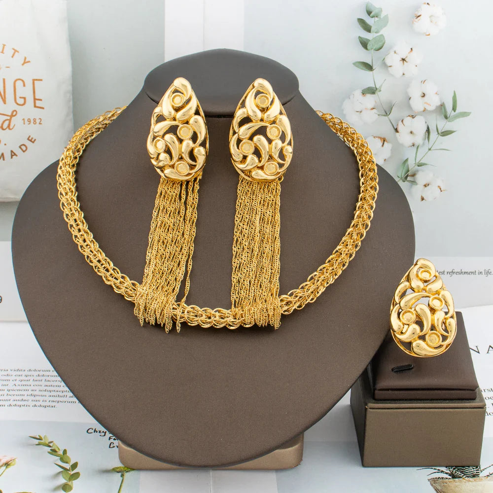 African Fashion Earrings Necklace Ring Jewelry Set for Women Luxury Gold Color Tassel Earrring 8 Shape Design Italy Wedding Gift