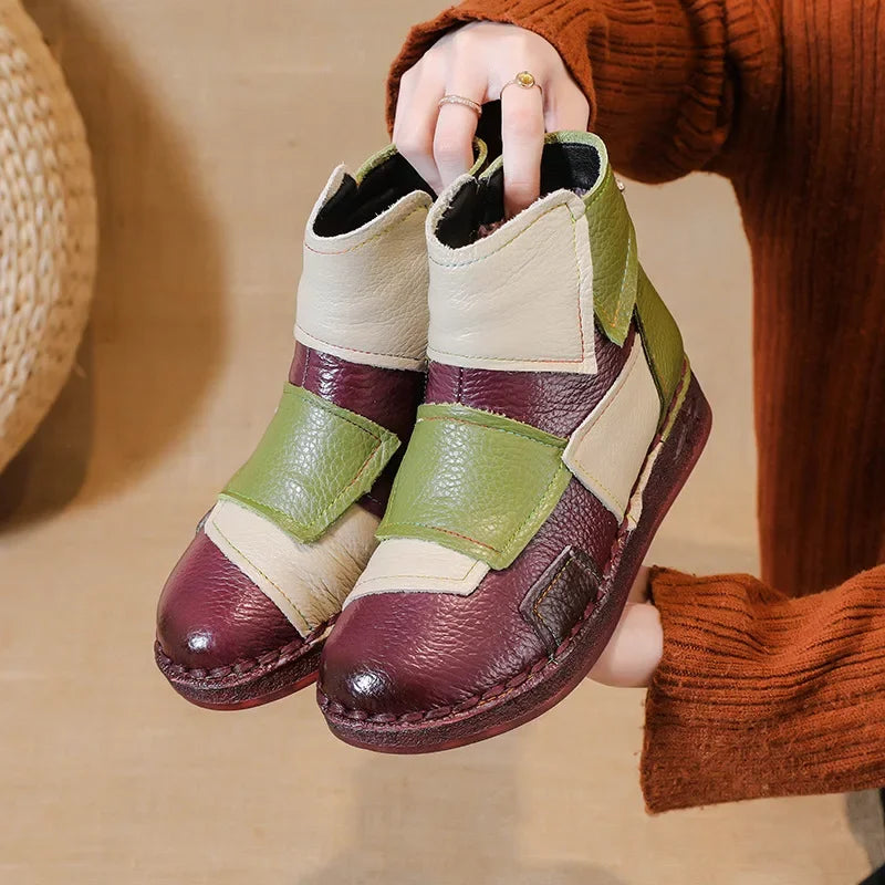 Winter Genuine Leather Flat-soled women shoes Casual shoes women Boots Color Matching Short Boots Warm Comfortable Cotton Shoes