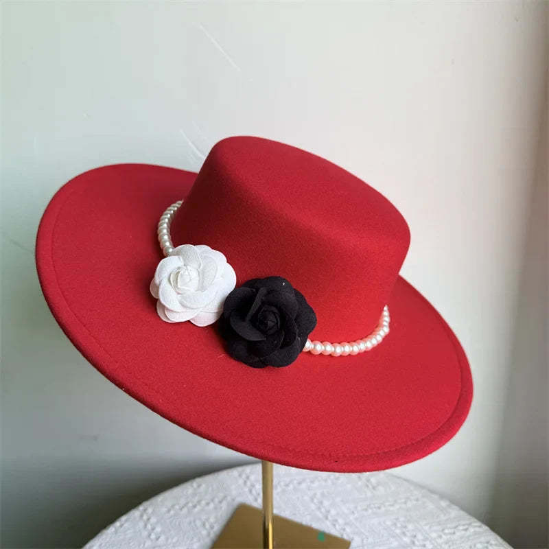 Women's Fashionable Fedora Hat 10CM Wide Brim Flat Top Felt Hats For Wedding And Jazz