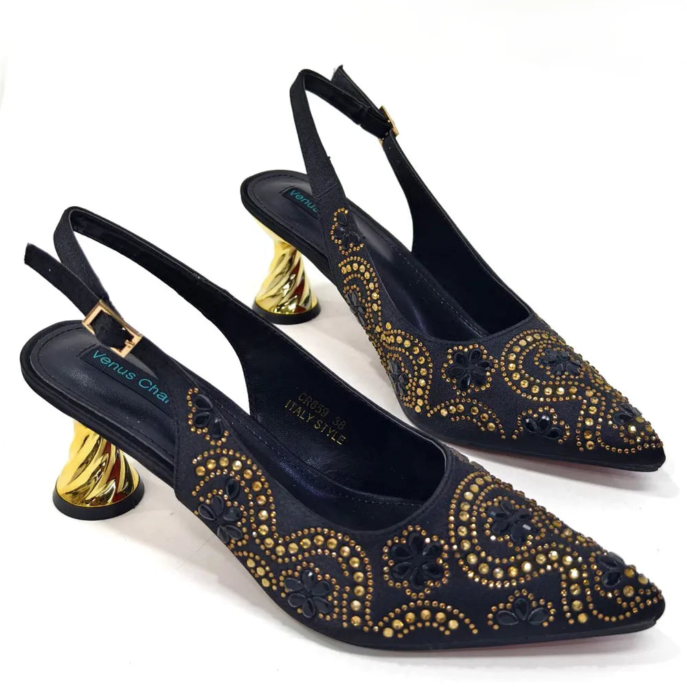Elegant And Sexy Fuchsia Color High Heels Shoes And Bag With Rhinestone Embellished Toe Is Comfortable Women's Shoes For Party