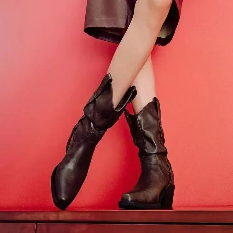 Women Chunky Heeled Western Boots Faux Suede Ankle Boots Woman Autumn Vintage Loose Tube Pleated Mid Calf Cowboy Botas Mujer