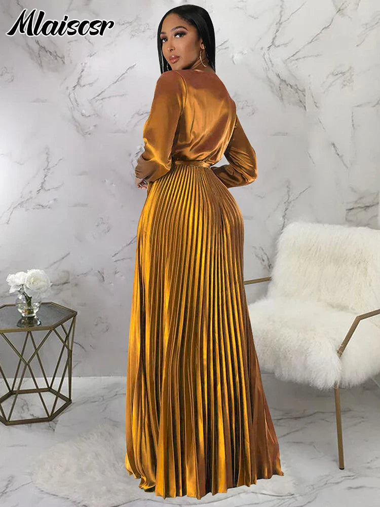 Mlaiscsr Elegant Wedding Guest Pleated Long Dress Women V Neck Lantern Sleeves Sashes Big Swing Sexy Birthday Party Evening Robe