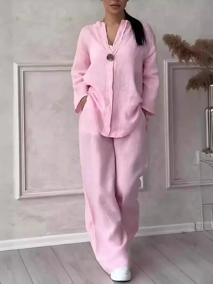 Cotton Linen Sets Two 2 Pieces Sale Casual Long Sleeve Button Loose Blouse Shirt&High Elastic Wide Leg Loose Pant Suits NMD-3021