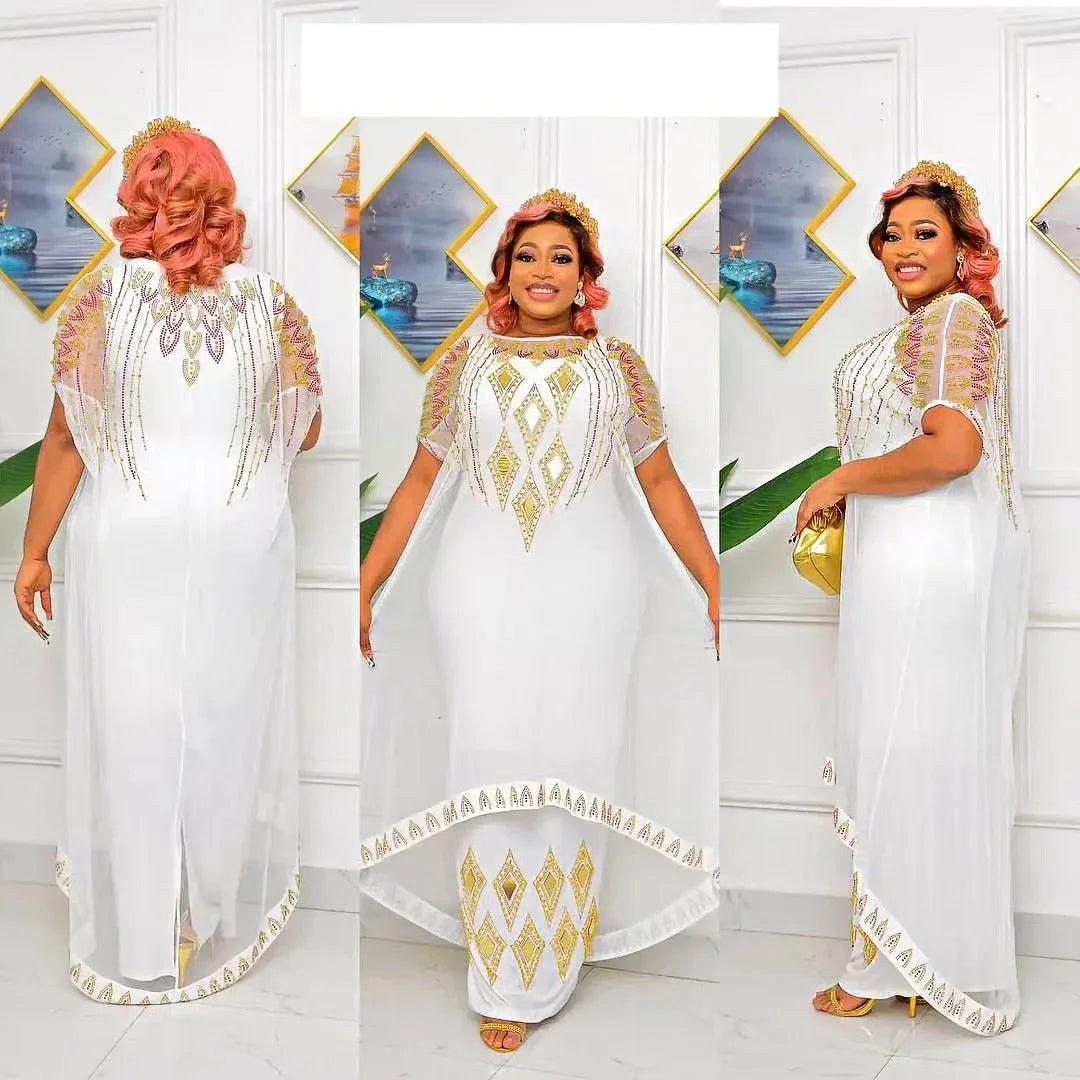 African Dresses For Women Short Sleeve Turkey Diamonds Evening Wedding Party Floor Length Dress Muslim Africa Clothes 2023
