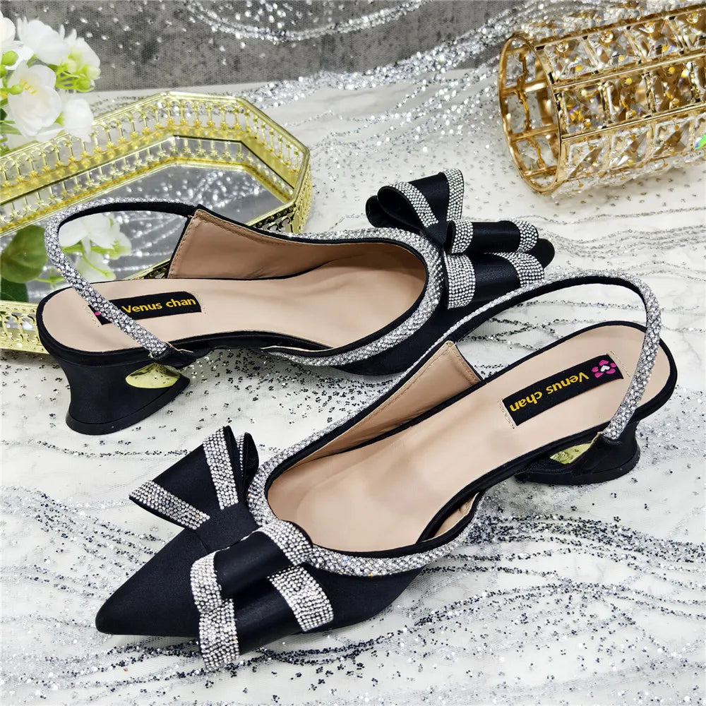 Med Heel Shoes for Women Hollowed Out Embroidery Rhinestone Italian Design Olive-green Color Pointed-Toe Shoes and Bags Set