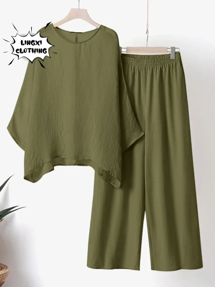 2024 Summer Fashion Cotton Linen Women's Set Large Irregular Linen Shirt High Waist Loose Wide Leg Pants Elegant Two Piece Set