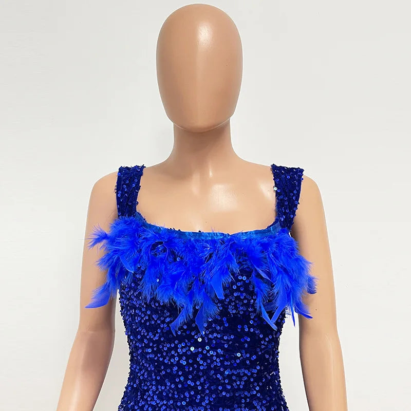 Spring And Summer Women's Clothing MINI Short Solid Color New Wind Sequins Halter Beach Dress One-word Shoulder Feathers Spice G