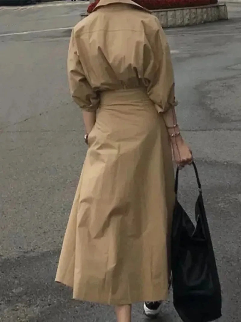 Modigirl Women Casual Long Shirts Dresses 2025 Summer Spring Clothes Khaki Puff Sleeves Botton Simple Maxi Dresses for Women