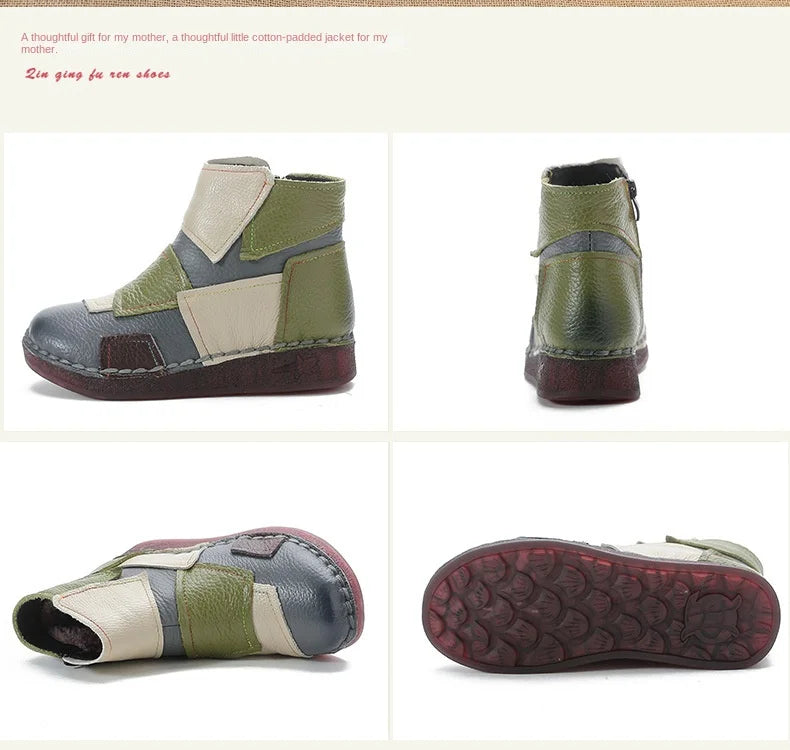 Winter Genuine Leather Flat-soled women shoes Casual shoes women Boots Color Matching Short Boots Warm Comfortable Cotton Shoes