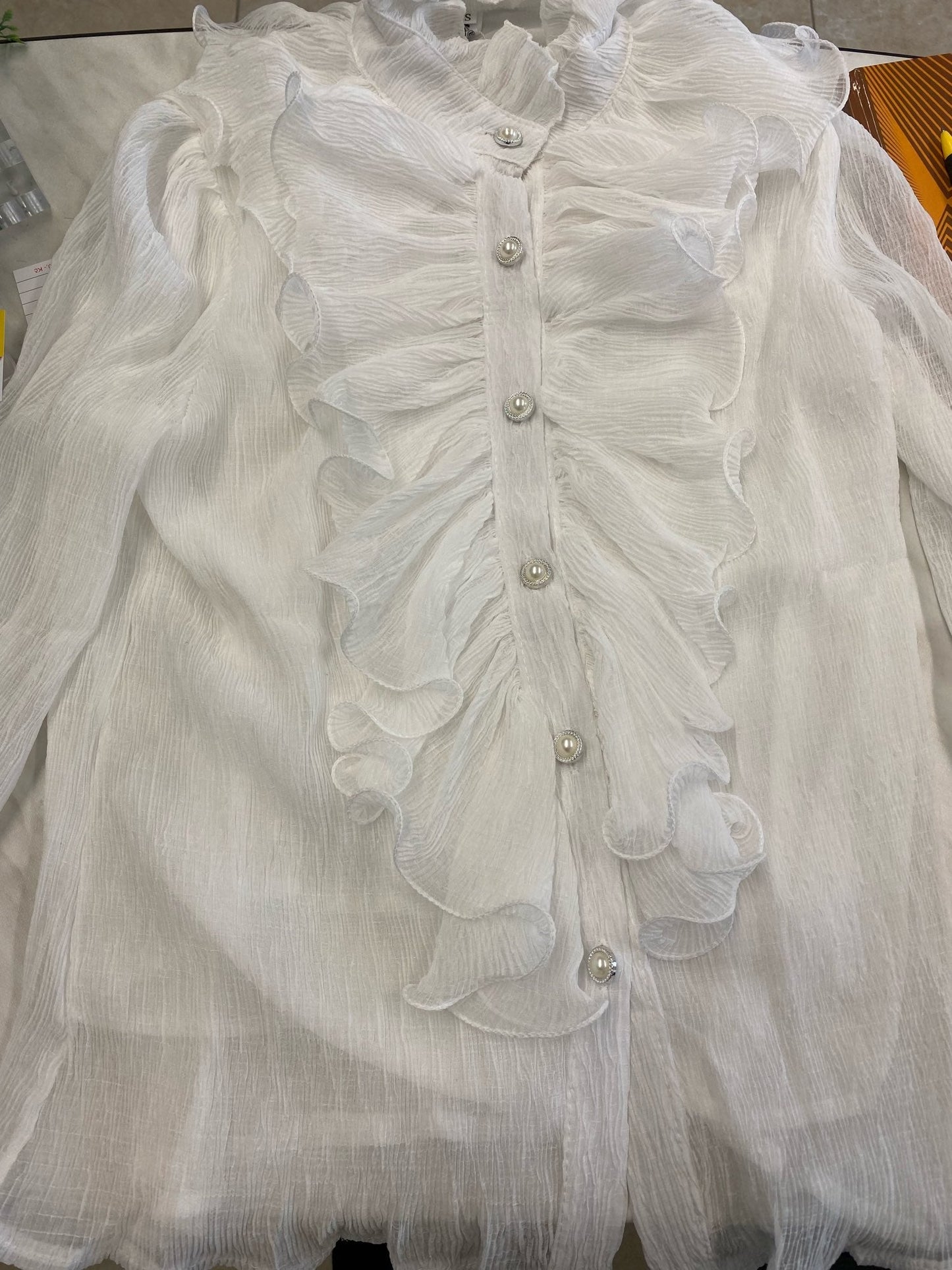 Woman Chic Long Sleeve Stand Collar Casual Loose White Tops Lace Ruffles