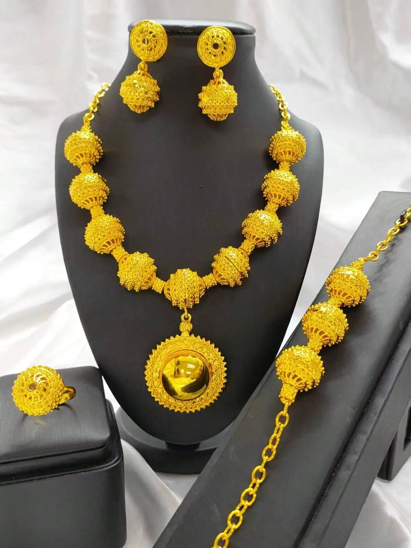 New Dubai African Bead Jewelry Set for Women Party Gifts Wedding Accessories 24K Gold Color Necklace Ring Bangle Earrings Sets