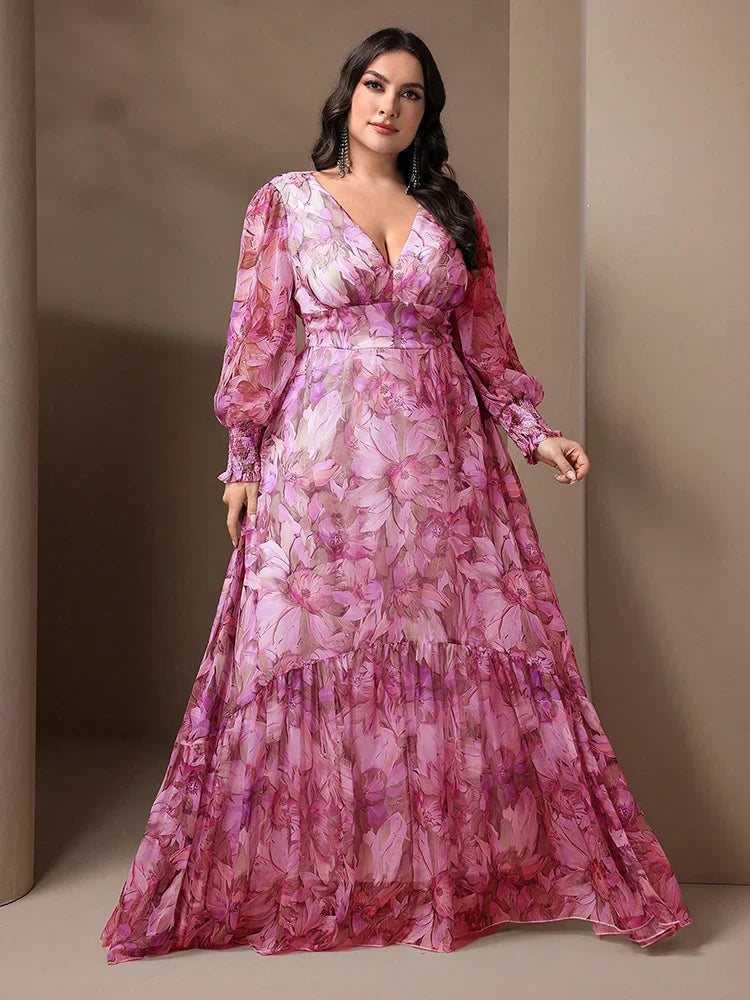 TOLEEN Plus Size Women V-Neck Lantern Sleeve Ruffle 2024 Spring Summer Casual Elegant Floral Print Vacation Party Long Dresses