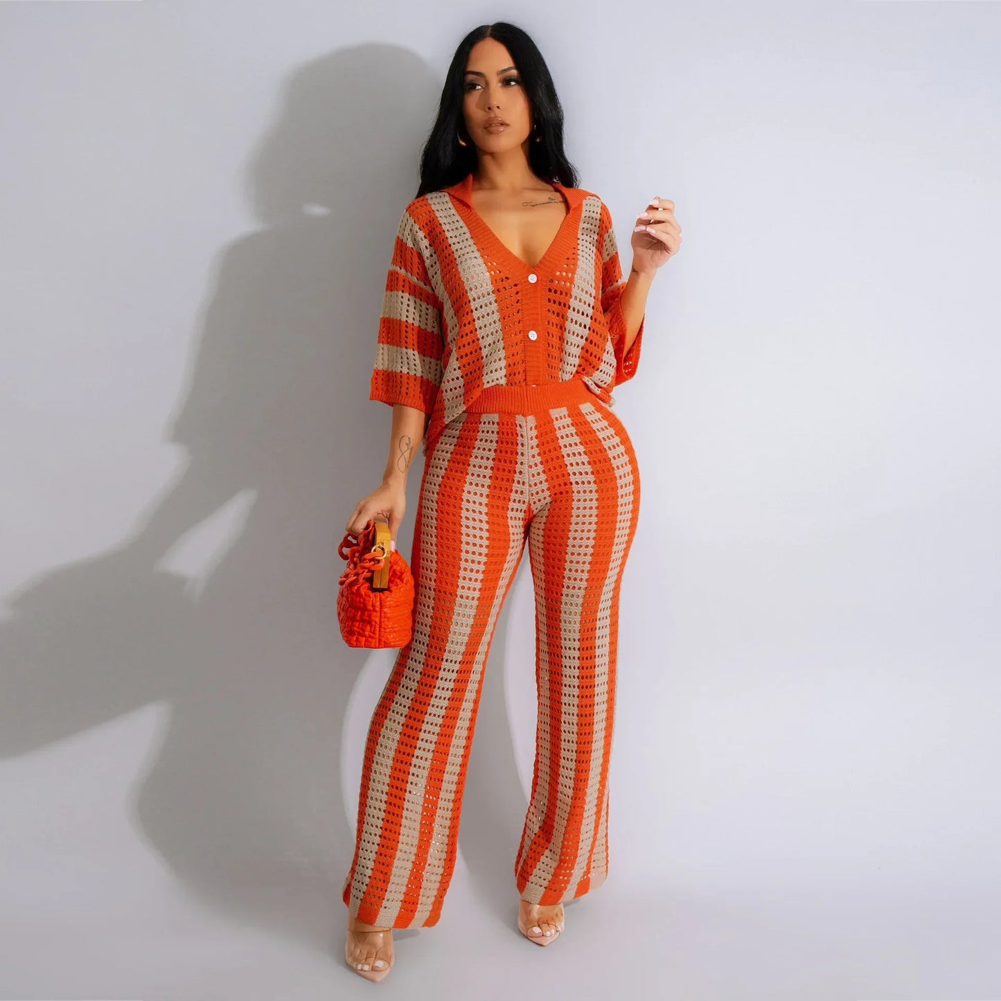 CM.YAYA Knit Ribbon Women's Set Short Sleeve Shirts and Wide Leg Pants 2024 Summer Beach Two 2 Piece Sets Outfits Tracksuit