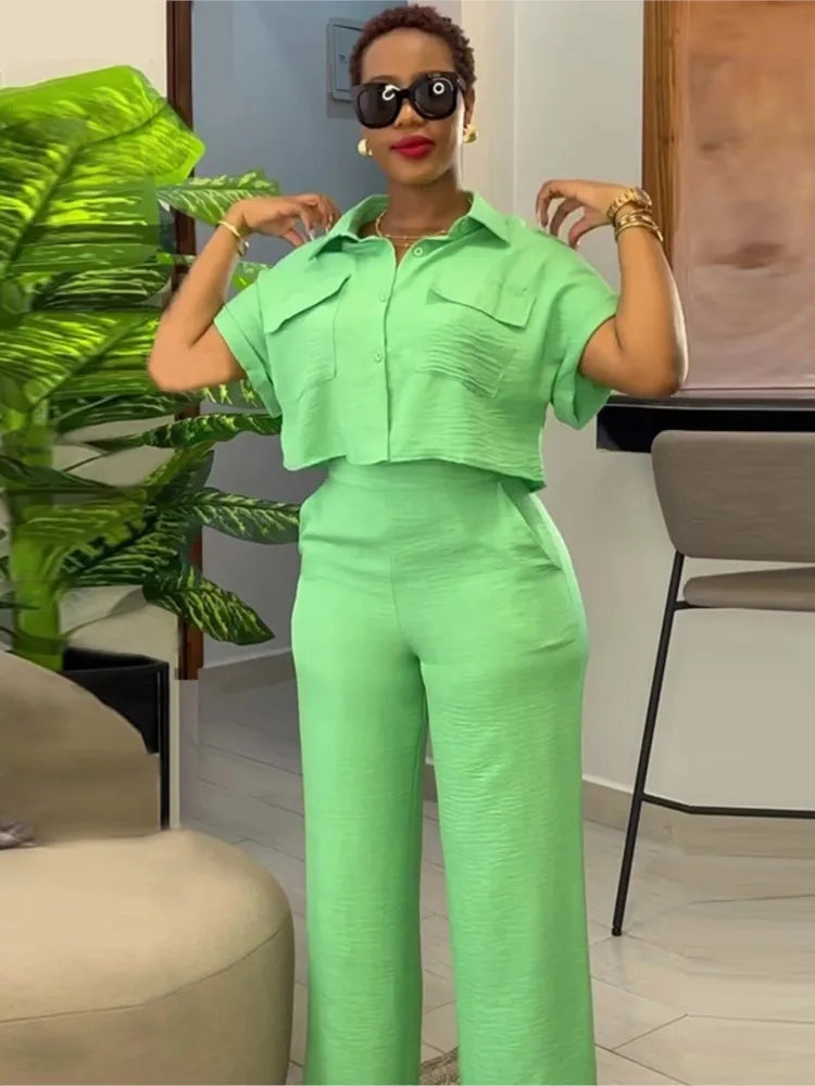 Casual Women's Solid Two Piece Sets Spring Summer Turn-down Neck Short Sleeve Loose Top & Wide Leg Pants Set Streetwear Outfits