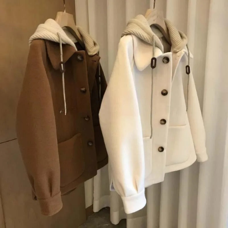 Winter Woolen Coat Women's High-end Feel Knitted Hooded Thickened Top Two-piece Illusion Sweater For Plus-size Women