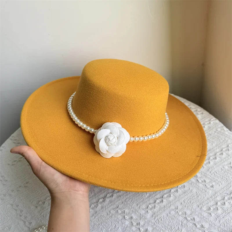 Women's Fashionable Fedora Hat 10CM Wide Brim Flat Top Felt Hats For Wedding And Jazz