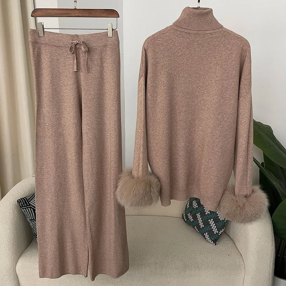 Fashion Autumn Winter Natural Real Fox Fur Cuffs Coat Knitted Sweater Women Long Pants Set Jacket Thick Warm