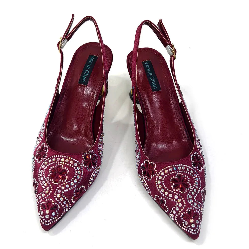 Elegant And Sexy Fuchsia Color High Heels Shoes And Bag With Rhinestone Embellished Toe Is Comfortable Women's Shoes For Party
