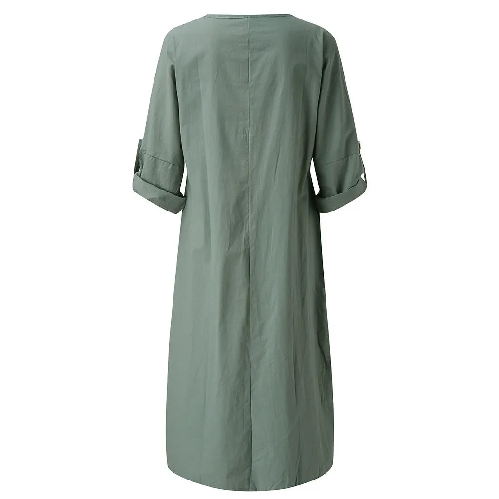 Holiday Dresses For Women 2023 Plus Size Long Sleeve Solid O-neck Summer Maxi Dress With Pockets V Neck Dresses Платье Женское