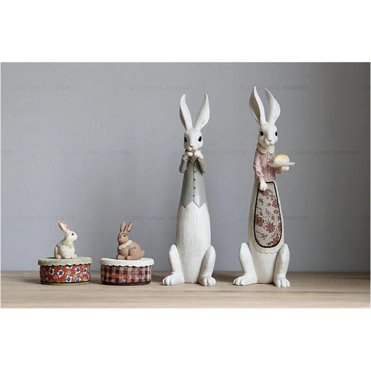 Country Rabbit Couple Ornaments – Hand-Painted Resin Figures for Easter or Year-Round Rustic Home Décor