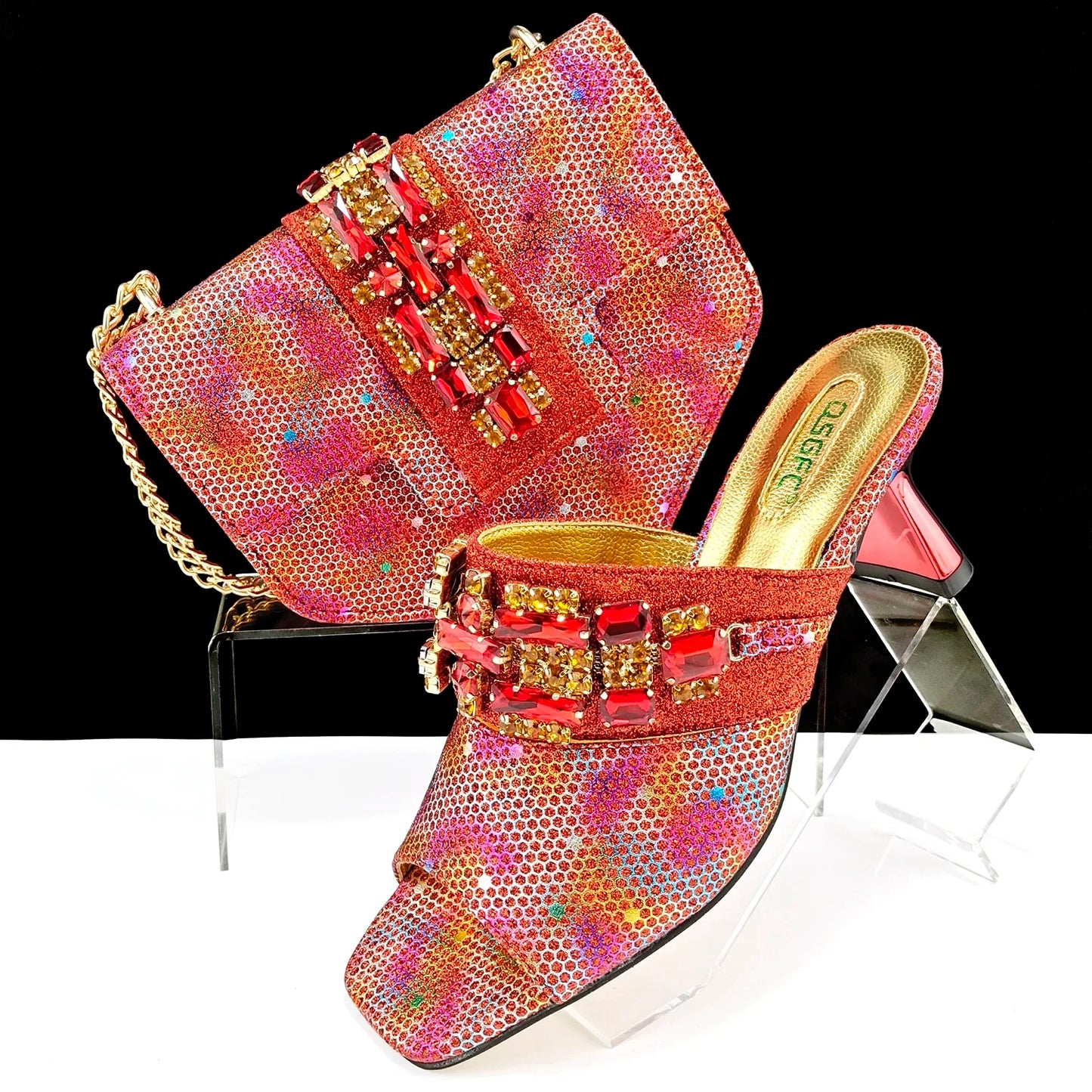 QSGFC Italian Shoes and Bags Matching Set 2024 Women Heel Party for Gold Colour Italian Design Wedding Bigger size shoes