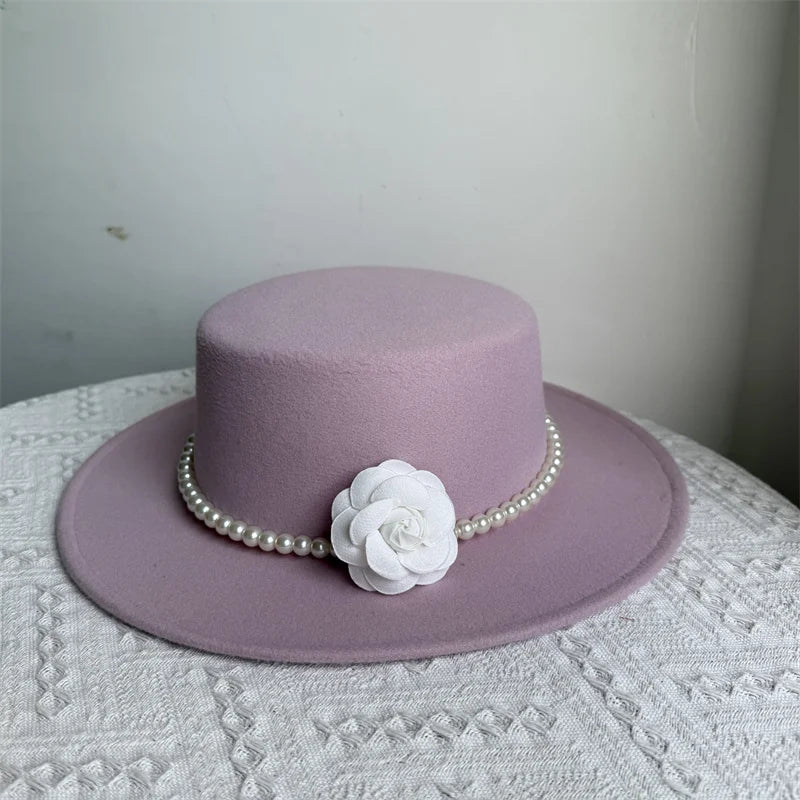 Women's Fashionable Fedora Hat 10CM Wide Brim Flat Top Felt Hats For Wedding And Jazz