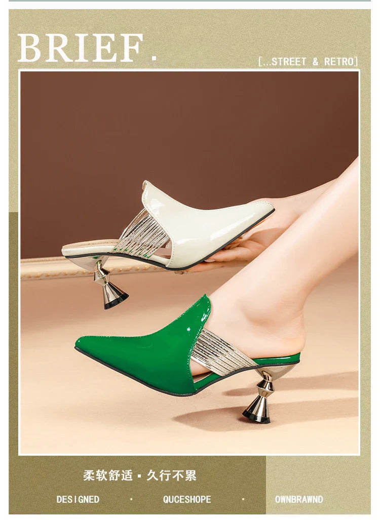 High Heel Slippers Pointed Toe Shoes Woman Elegant Mules Shoes Women Black Green Metal Heel Outdoors Womens Slippers Big Size