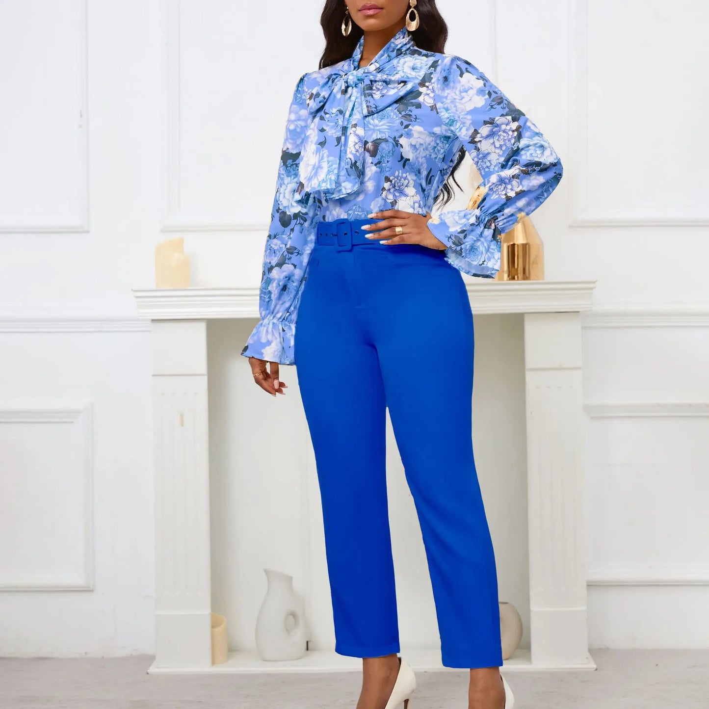 Fashion Print Two Piece Set Women Office Suits Tie Bow Neck Button Shirt + Belt Pencil Pants Elegant Slim Lady Sets Casual shirt