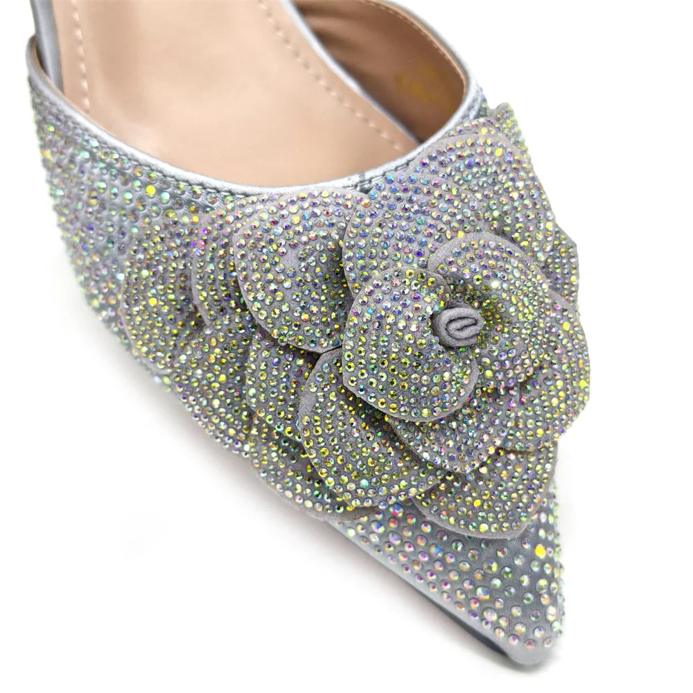 Women's Pointed-Toe Large Flower Decoration Rhinestone Low Heel Italian Shoes and Bags Set