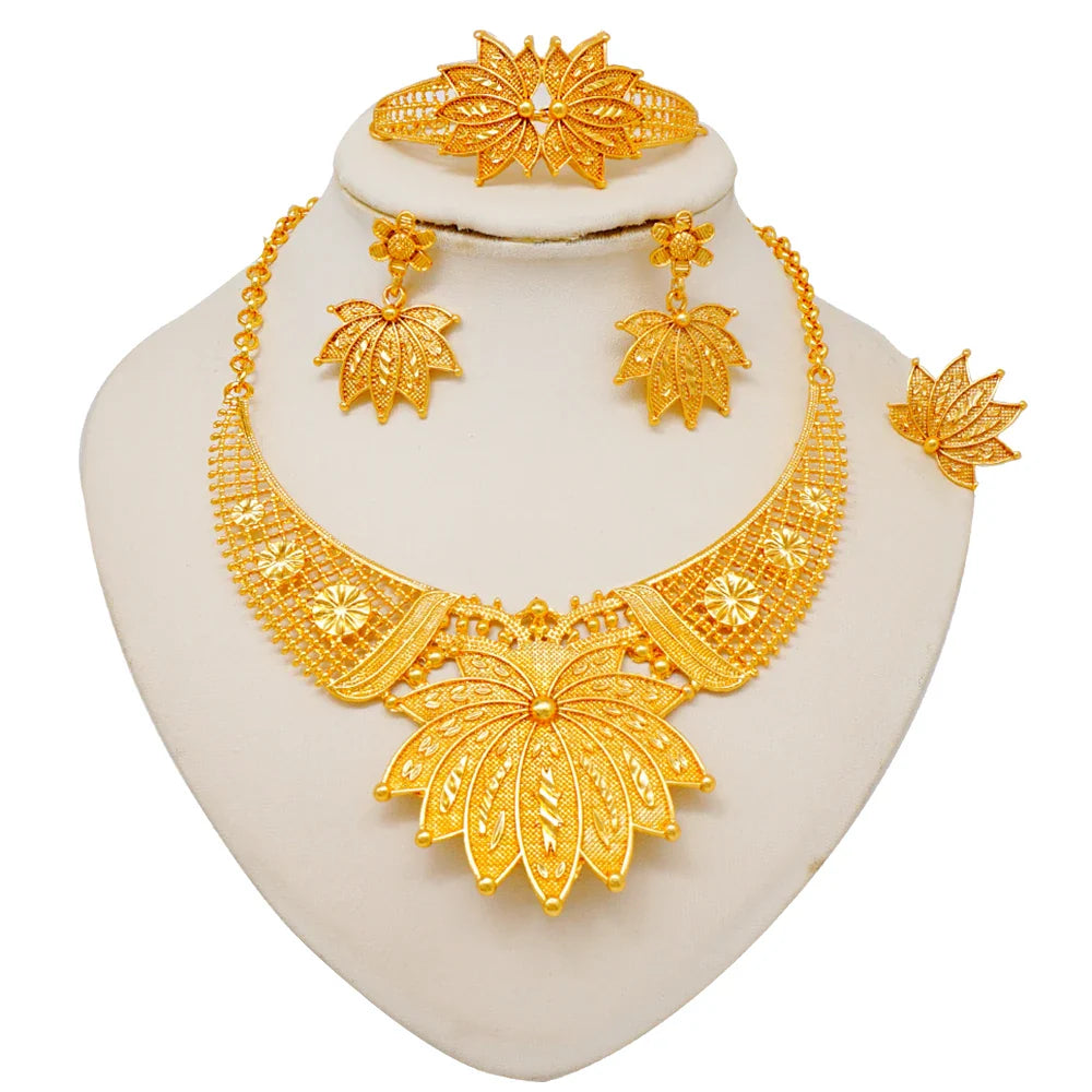 Indian Dubai Gold Color Jewelry Sets For Women Earring & Necklace Nigeria Moroccan Bridal Wedding Party Gifts