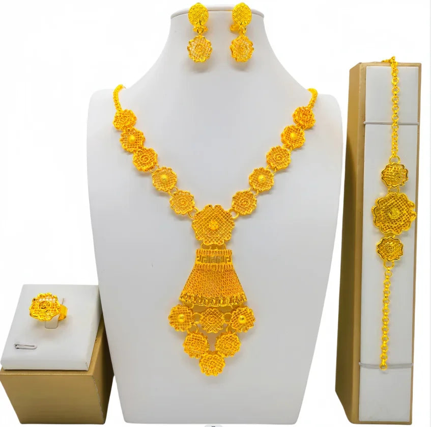 Fashion Dubai Flower Design Luxury 24k Gold Color Women's Jewelry Set African Fashion Bracelet Earrings Necklace Ring Four Piece