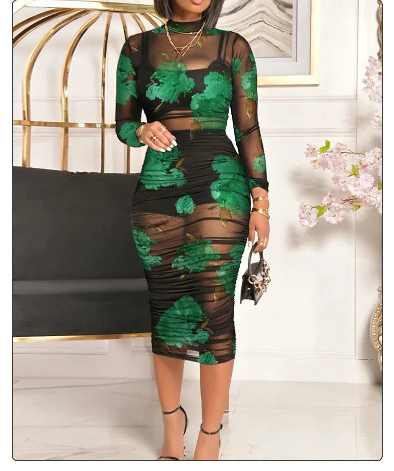 Fashion Flowers Printed Women's Sexy Mesh Gauze Mid Length Dress Three Piece Summer New Female Party Nightclub Mini Dresses 2023